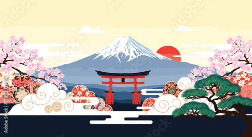 Pixel art landscape featuring mount fuji and a torii gate in japan.