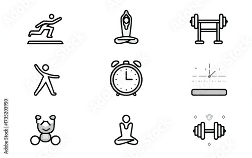 Fitness and wellness icon set featuring exercise yoga weightlifting relaxation and time management elements for healthy lifestyle