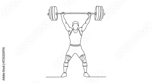 Minimalist line art of a weightlifter performing a clean and jerk exercise with barbell overhead