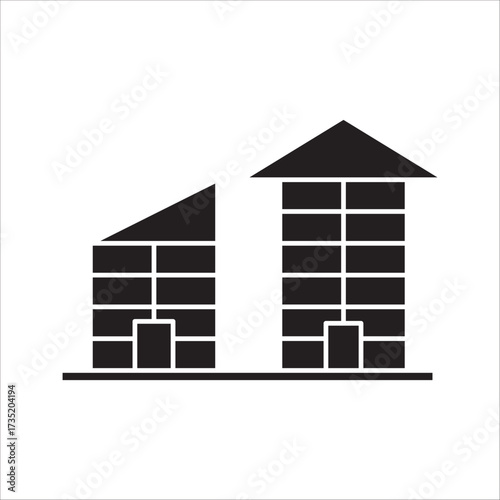 uilding icon isolated on white background, Building icon in line black flat house, office, bank, hotel, shop, university, city, hospital symbols.