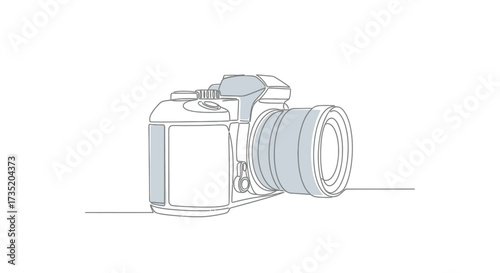 Minimalist line drawing of a professional digital camera with detailed lens design