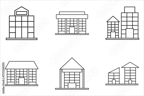 uilding icon isolated on white background, Building icon set in line black flat house, office, bank, hotel, shop, university, city, hospital symbols.