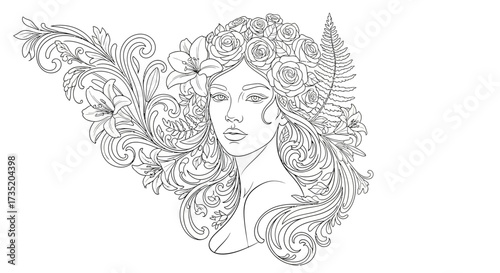 Elegant line art of a woman adorned with floral and leafy elements for creative designs