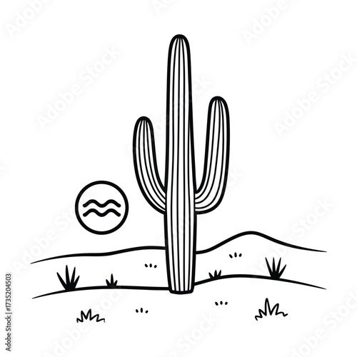 Illustration of a saguaro cactus in the desert with a sun in the background, perfect for adding a touch of the southwest to your project