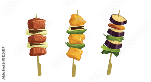 Three different kinds of delicious food on skewers.