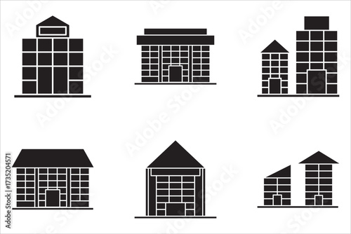 uilding icon set isolated on white background, Building icon set in line black flat house, office, bank, hotel, shop, university, city, hospital symbols.