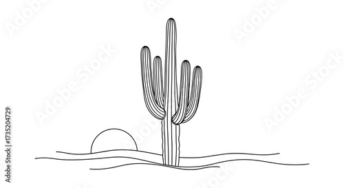 Minimalist drawing of a saguaro cactus in desert landscape with rising sun artwork