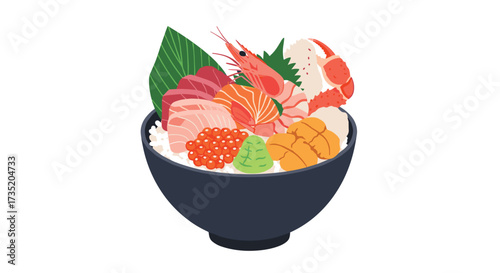 A delightful bowl of fresh sashimi and seafood atop fluffy white rice.