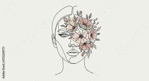 Elegant line art of a woman's face adorned with delicate pastel colored flowers  creating a serene