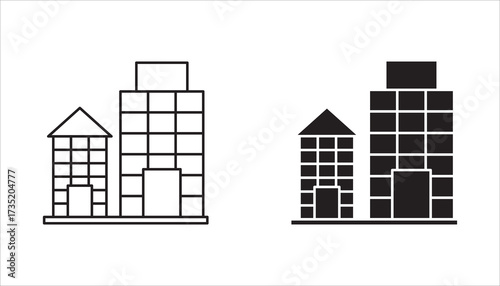 uilding icon isolated on white background, Building icon set in line black flat house, office, bank, hotel, shop, university, city, hospital symbols.