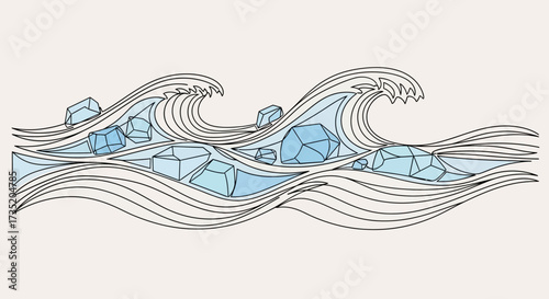 Abstract illustration depicting ocean waves with floating geometric icebergs design