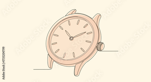 Elegant minimalist line drawing of a classic wristwatch on a light background displaying accurate