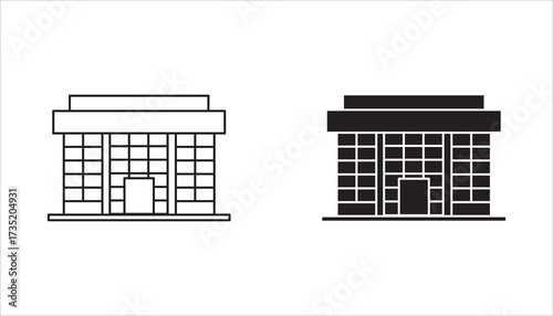 uilding icon isolated on white background, Building icon set in line black flat house, office, bank, hotel, shop, university, city, hospital symbols.