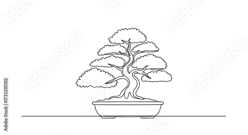 Elegant bonsai tree illustration drawn with a single continuous line isolated on a white background