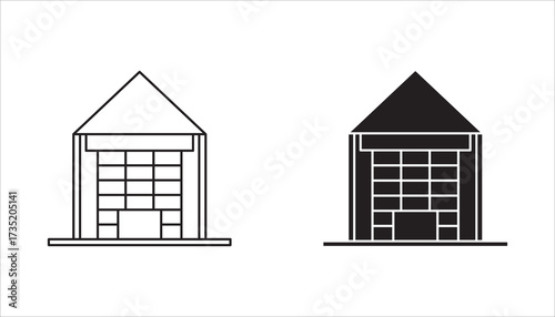 uilding icon isolated on white background, Building icon set in line black flat house, office, bank, hotel, shop, university, city, hospital symbols.