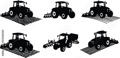 Tractor silhouette vector, farming vehicle illustration, agricultural machinery graphic, plowing field equipment, rural farm transport, agriculture tractor icon, farmland working machine