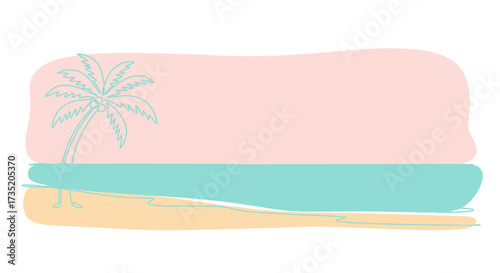 Pastel tropical beach landscape with palm tree, serene sea, and soft sandy shore evokes summer vibes