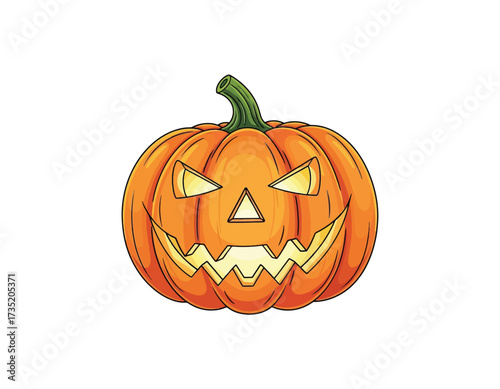 A festive, brightly lit Jack-o'-lantern, with glowing eyes and a carved, toothy grin, perfect for Halloween celebrations and decorations