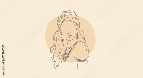 Elegant line art illustration of a woman with turban and jewelry bohemian style