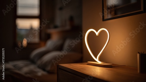 Heart shaped LED lamp glowing warmly on bedside table