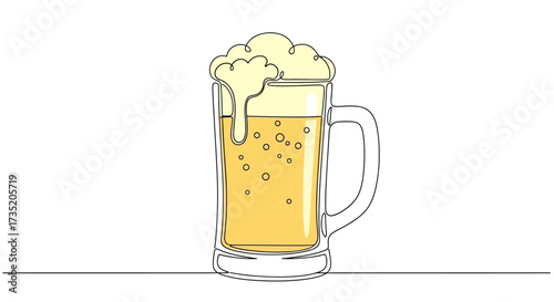 Hand-drawn illustration of a beer mug overflowing with foamy beer a classic continuous line