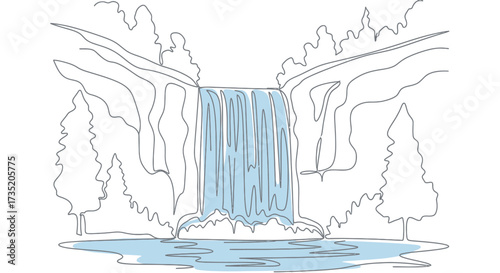 Minimalist waterfall line art with trees and pool captures the essence of nature's beauty