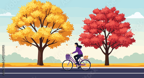 A person rides a bicycle under colorful autumn trees along a road.