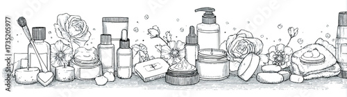 Hand drawn monochrome spa skincare products with roses candles and decorative soaps illustration perfect for beauty concepts