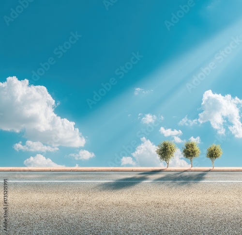 Open road under a vibrant sky.  Sunlight beams down on a paved road with small trees