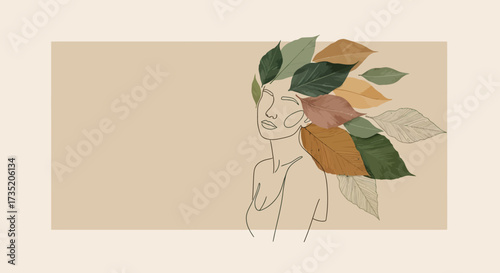Line art illustration depicting a woman adorned with colorful leaves on a beige background