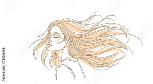 Elegant line art of a serene woman with flowing hair conveying tranquility and beauty