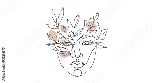Elegant minimalist line art of a woman's face adorned with delicate floral elements