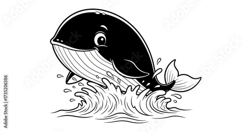 Cartoon Sperm Whale Leaping from Ocean Waves Black and White Illustration