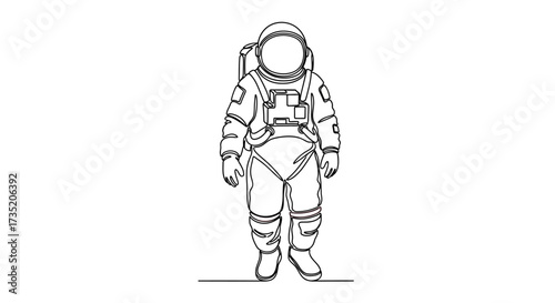 Single continuous line drawing of astronaut standing full body silhouette art, a symbol of