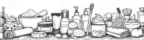 Hand Drawn Spa and Wellness Products Arrangement for Beauty Therapy and Relaxing Atmosphere Line Art Style