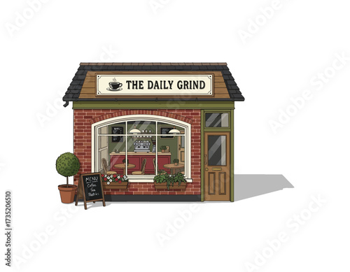 Illustration of a cozy brick cafe named 'The Daily Grind,' showcasing a welcoming storefront with signage, plants, and inviting ambiance