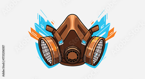 This graphic illustrates a vintage style gas mask with abstract colorful brush strokes behind it.