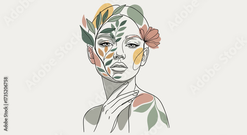 Elegant botanical portrait line art featuring a woman adorned with flowers and leaves
