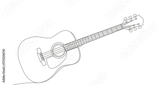 Acoustic guitar line art on a white background, minimalist musical instrument drawing style, music
