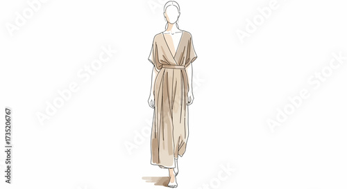 Elegant woman in flowing beige dress illustration for fashion and style content