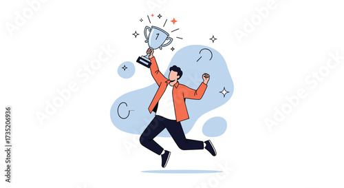A person jumping with a trophy in the air celebrating success.