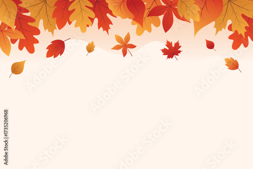 Autumn Falling Leaves Background. October foliage wave frame. Thanksgiving day card. Oak leaves decor september poster. Orange plant.