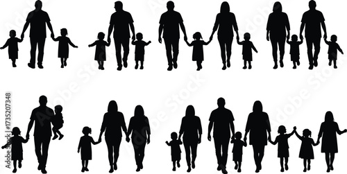Silhouette of families walking together, parents holding children, father mother kids unity, family bonding, love, parenting, lifestyle, generation, togetherness