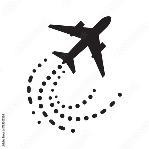 Plane flying with dotted travel path vector silhouette line art logo design concept illustration