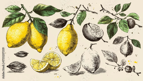 Hand drawn vintage botanical illustration with lemons and leaves a summer harvest citrus fruit still life artwork