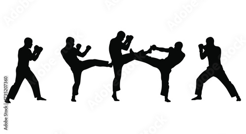 Series of martial artists demonstrating dynamic poses in black silhouette