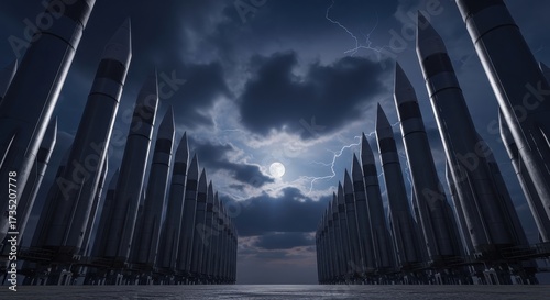 Towering intercontinental ballistic missiles under a stormy night sky with lightning