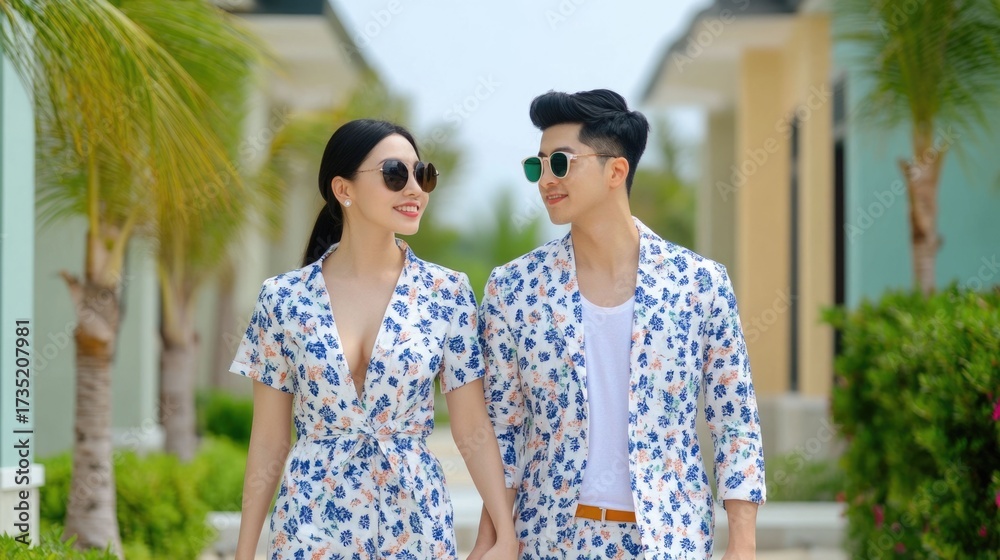 Naklejka premium Asian couple in coordinated outfits enjoying a romantic getaway and exploring the grounds of a tropical beachfront resort