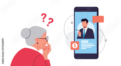 An elderly woman looks confused at a smartphone screen showing a man in a suit with a question mark above her head.