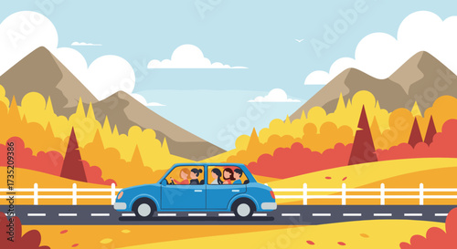 A family enjoys a scenic road trip through autumn mountains with vibrant fall foliage.